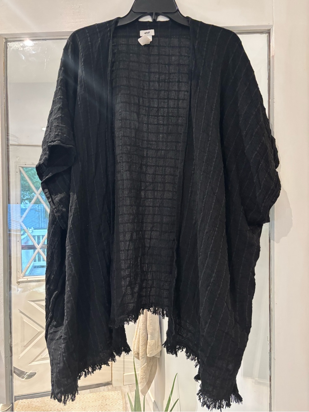 aerie Black Open-Front Fringe Kimono Top